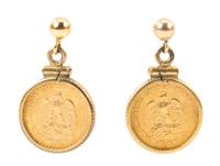 Ladies Dangling 2 Peso Earrings in 14K Yellow Gold Bezel and Posts