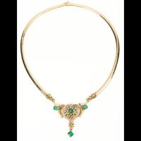 Elegant Italian Necklace in 14K Yellow Gold with Diamonds and Four Fine Columbian Emeralds Totaling 3.5 Carats