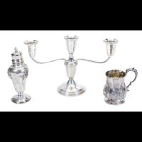 WITHDRAWN - Antique Sterling Silver Candlestick, Sugar Shaker and Inscribed Cup