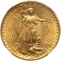 1908 $20 St. Gaudens. No Motto NGC AU58