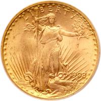 1908 $20 St. Gaudens. No Motto