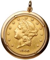 $20.00 1900 Liberty housed in a solid smooth design 18 kt yellow gold bezel