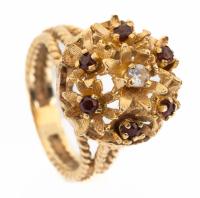 Ladies Floral bud style 14K yellow gold ring accentuated with diamonds and garnets