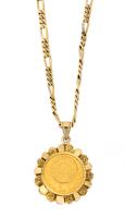 Spectacular Men's or Ladies 20 Peso Gold Coin with Heavy 14K Yellow Gold Chain Necklace and Striking Bezel