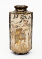 Large Beautiful Satsuma Vase in a Hexagonal Shape with Two Exquisitely Hand Painted Scenes of Villagers Fishing and Showing Thei