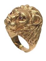 Ladies 14K Yellow Gold Lion's Head Ring with Ruby Eyes Boasting a Very Friendly Demeanor