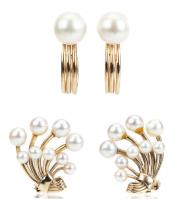 Ladies 14K Yellow Gold and Pearl Earrings One Pair Designed as Bouquets of Flowers, One Pair of Pearl Studs with Optional 14K Da