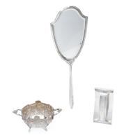 Early 20th Century Sterling Silver Accessories: Large, Elegant Dresser Mirror, Antique Rocking Ink Blotter Frame, Repousse Bowl