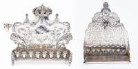 Two Vintage/Antique 800 Silver Menorhas. A Particularly Fine Example with Repousse Crown and Foliate Designs. The Second, Older