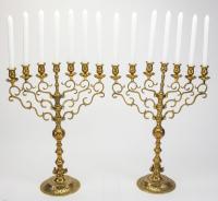 Pair of 19th Century Large Brass Menorahs, Poland. Outstanding Condition.