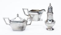 Sugar and Creamer from Meriden Britannia Sterling Silver ca. 1920s, Modernist Design + Large Gorham Sterling Sugar Shaker