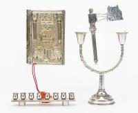 Judaica: Two Fine, Vintage Sterling Silver Ceremonial Pieces. Menorah/Shabbat Candle Holder, Gragger and Silver Gilt Prayer Book