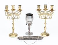 Assorted Judaica: Pair of Vintage Brass Shabbat Candles with Lions of Judah, an Ornate Megilla Case, and an Ornate Kiddish Cup