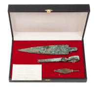 Three Luristan Bronze Pieces Including a Bronze Sword from the Collection of Moshe Dayan with Signed COA by Dayan