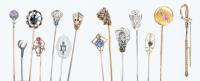 Excellent Collection of 14 Antique Stick Pins in 10K and 14K Gold with Semi-Precious and Precious Stones