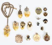 Antique Masonic and Elk Tooth Pendants and Medals, Mix of 14K Yellow Gold and 10K Yellow Gold.