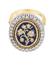 Ladies Regal, 14K Yellow and White Gold 1.5 Carat Diamond Ring with Exceptional Enamel Work and Gold Inlay