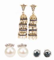 Three Pair of Ladies 14K Gold Earrings, Pearl Studs, Aquamarine Studs and a Pair of Antique Dangling Earrings in Blue Enamel and