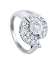 Ladies Antique Platinum Ring Centered with a Fine Old Mine Cut Diamond Surrounded by Diamond Accents .75 Carats