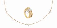 Ladies 18K Yellow & White Gold Ring Resplendent in Melee Diamonds and Baguettes Plus a 14K Gold Necklace, with 5 Diamonds Set Ev