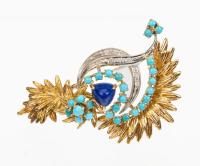 Striking Women's or Men's Formal Pin from Italy in 18K Yellow and White Gold with Accent Diamonds, Persian Turquoise and Lapis C