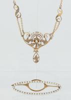 Lovely Late Victorian Filigree Pendant Necklace and Matching Seed Pearl Pin in 14K Yellow Gold