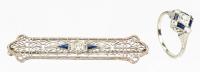 Ladies Vintage and Antique Jewelry. Fine 18K White Gold, Diamond & Sapphire Ring plus an Antique Platinum & Diamond Pin