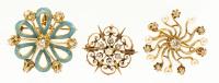 Three Ladies 14K Yellow Gold Pins with Diamonds in Very Appealing 60s Retro Starbursts