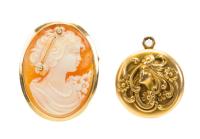 Vintage, Petite, Shell Cameo Pin and Antique Art Nouveau Locket in 14K Yellow Gold