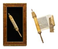 Quite Rare 19th Century Gilded Silver Megillah Case and Original Parchment Scroll in Choice Condition.