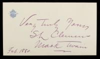 Clemens, Samuel, "Mark Twain" Superb Inscribed and Twice Signed Signature on Monogrammed Note Card, Dated Feb. 1880 COA by JSA