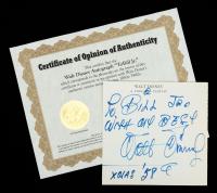 Walt Disney Autographed Note Signed, Christmas '58 with Letter of Authenticity by Disney Expert, Phil Sears, March, 2024