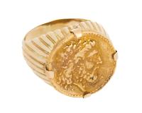 Men's 14 and 18K Yellow Gold Ring. "Fantasy" Metapontion Coin in 18K Yellow Gold with Ring Mount in 14K Yellow Gold