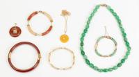 Fine Collection of Three Jade Bracelets, One Hinged Bangle, Two Pendants and One Barrel Shaped Bead Necklace all Wonderful Piece