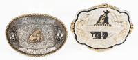 Two Men's Belt Buckles, California Rodeo Salinas in Heavy Sterling Silver with 14K Yellow Gold Accents.