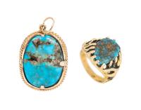 Ladies 14K Yellow Gold and Turquoise Ring and Pendant