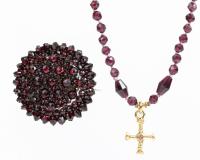 Ladies Lovely Handmade Garnet Bead Necklace with 18K Yellow Gold Cross Paired with Antique Garnet Brooch