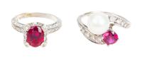 Ladies 14K White Gold Ring with a Superb, Lustrous Pearl, Ruby and Brilliant Cut Diamonds Plus a Second Ring w/ Oval Cut Indian