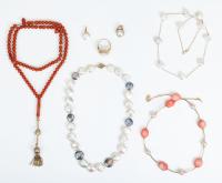 Ladies Treasures from Under the Sea. 14/18K Gold Necklaces of Coral, Baroque, Coin, Mabe and Seed Pearls