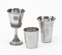 Three Very Different Kiddish Cups; Antique Stemmed Goblet w/Superb Tooling Throughout, A Cup w/Moses Holding 10 Commandments, +