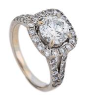 Ladies Round Brilliant Cut, 1.00 Carat Diamond Halo Ring, Set in 18K White Gold Mount