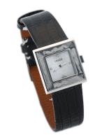 Ladies Collector's Watch by Lalique Crystal with Black Crocodile Band. Mother of Pearl Face, Pastoral Figures Within Bezel