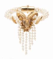 Ladies Most Unusual 14K Yellow Gold, Pearl and Diamond Hinged Bracelet, the Centerpiece Being the Head of a Magnificent Ram's He