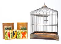 Whimsical Farmhouse Decor: Brass Birdcage and Rare Seed Containers from Los Angeles Seed Co.