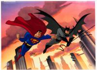 THE ADVERNTURES OF SUPERMAN:Three Batman and Superman Cels, the First Pairing of the Superheroes by Bruce Timm Who Has Initialed