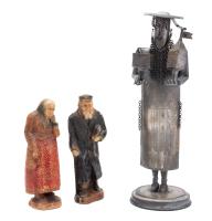 Vintage and Antique Jewish Folk Art. 19th Century Carved Rabbi and Wife, Vintage Silver Gilt Tin Rabbi by Shlomo Ohana in 1982.