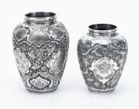 Fine Mid-Century or Older Ottoman Silver Vases: Ishafan (Eshafan) Style Repousse Work Throughout. Pair of Complimentary Vases