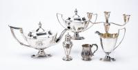 Sterling Silver Tea Set, Candlestick, Sugar Shaker and Antique Cup