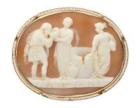 Exquisite Shell Cameo Brooch with Beautifully Detailed Neoclassical Scene of Two Goddesses Giving Water to Male Traveler