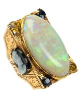 Unique 14K Georgian Revival Ladies Ring with 75 Carat Opal set in Heavy 14K Yellow Gold with Sapphires and Topaz Accents.l